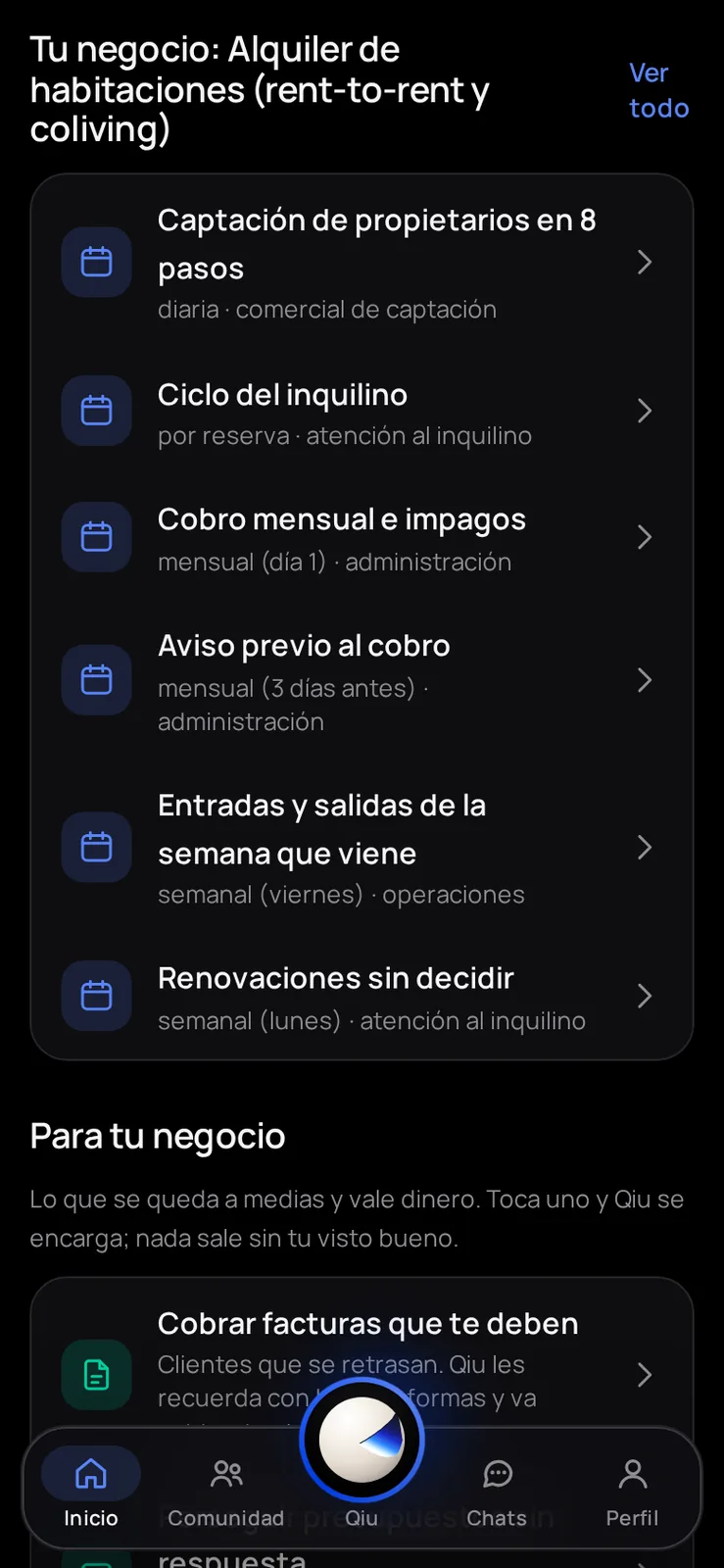Al aplicar el preset, Inicio se llena con las rutinas de tu sector (aquí, alquiler de habitaciones). Con Q Business, Qiu las lanza sola a su hora; con un toque, le encargas cualquiera.