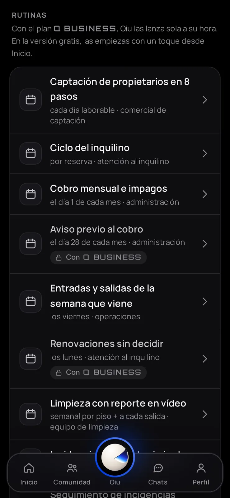 Cada preset enseña todo lo que trae: rutinas, automatizaciones, mensajes, indicadores y guía. La versión gratis ya incluye una parte; lo marcado con el candado va con Q Business.