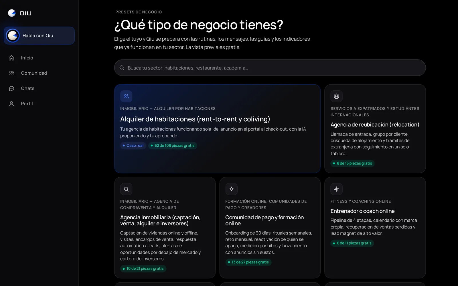 Elige tu sector y Qiu se prepara con las rutinas, los mensajes, las guías y los indicadores que ya funcionan en él. La vista previa es gratis.