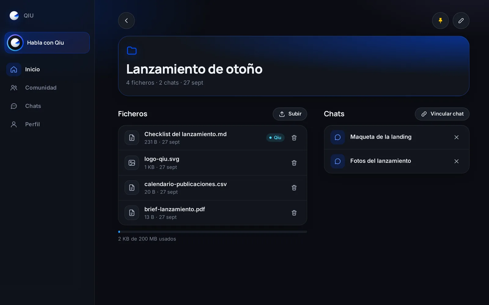 Los ficheros que subes tú o que crea Qiu y los chats vinculados al proyecto, en la misma pantalla.