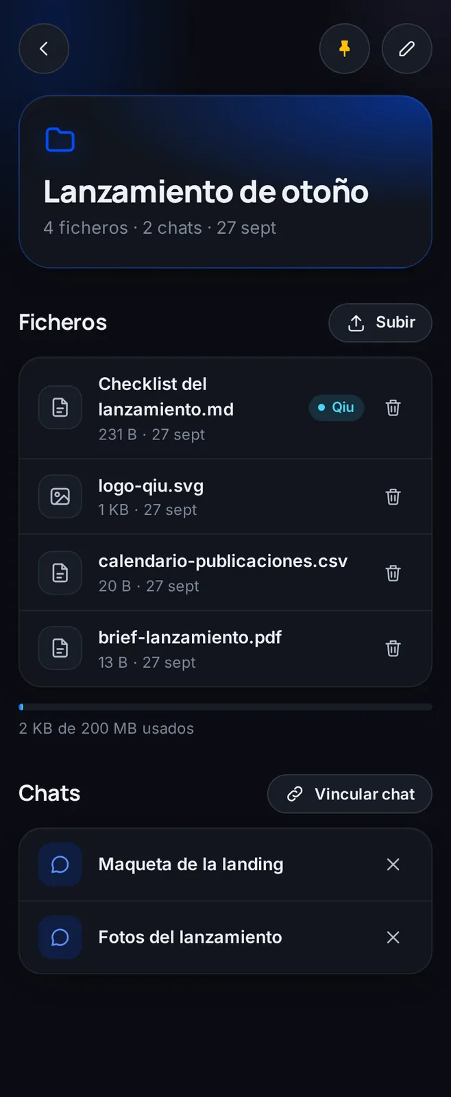 Los ficheros que subes tú o que crea Qiu y los chats vinculados al proyecto, en la misma pantalla.