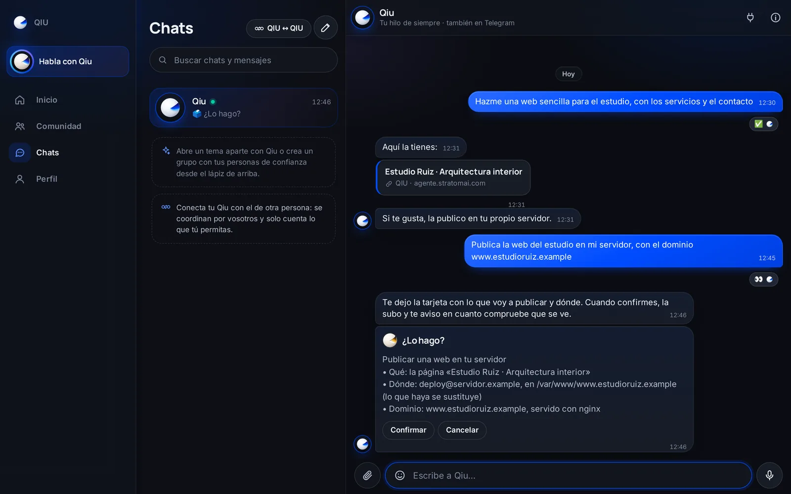Qiu te hace una web y la sube a tu servidor, con tu dominio. Antes te enseña qué va a publicar y dónde, y no hace nada hasta que confirmas.