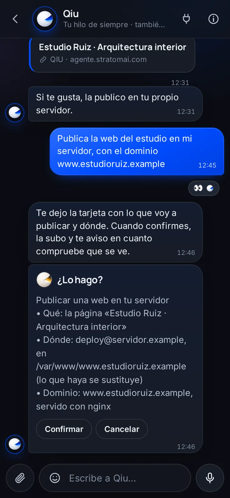 Qiu te hace una web y la sube a tu servidor, con tu dominio. Antes te enseña qué va a publicar y dónde, y no hace nada hasta que confirmas.