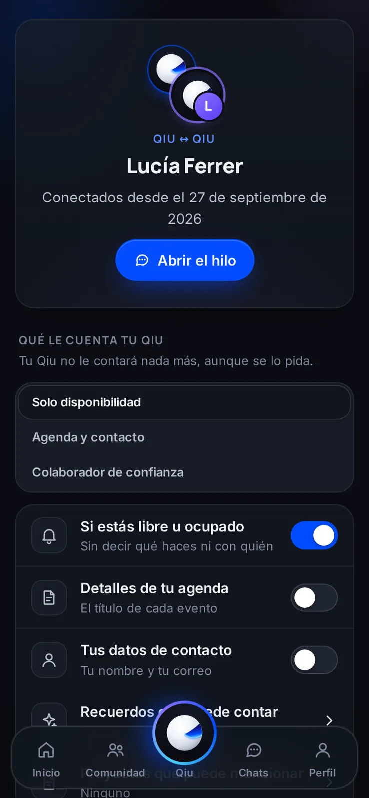 Para cada persona conectada ves qué le cuenta tu Qiu y lo ajustas con un interruptor. También puedes pausar o cortar la conexión.