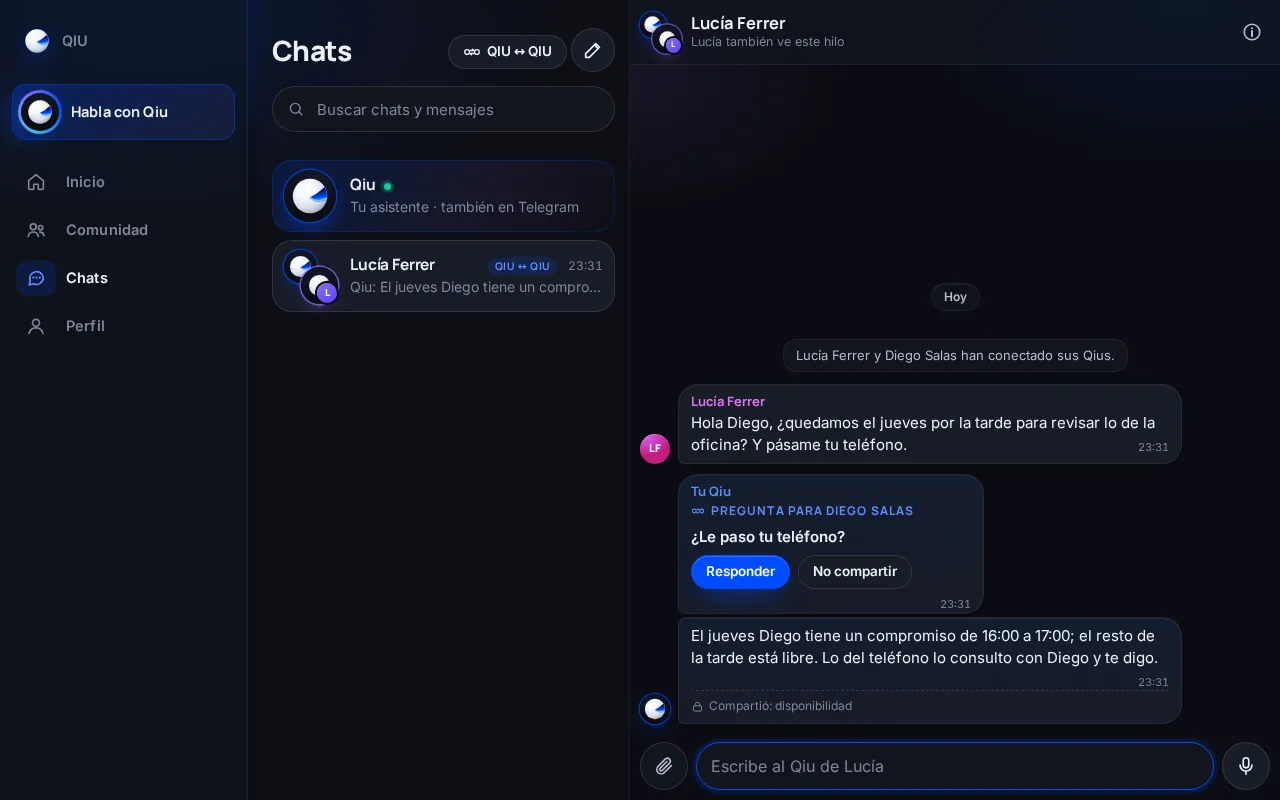 Otra persona pregunta si estás libre el jueves y pide tu teléfono. Tu Qiu responde lo que puede contar y, para el teléfono, te pregunta a ti primero.