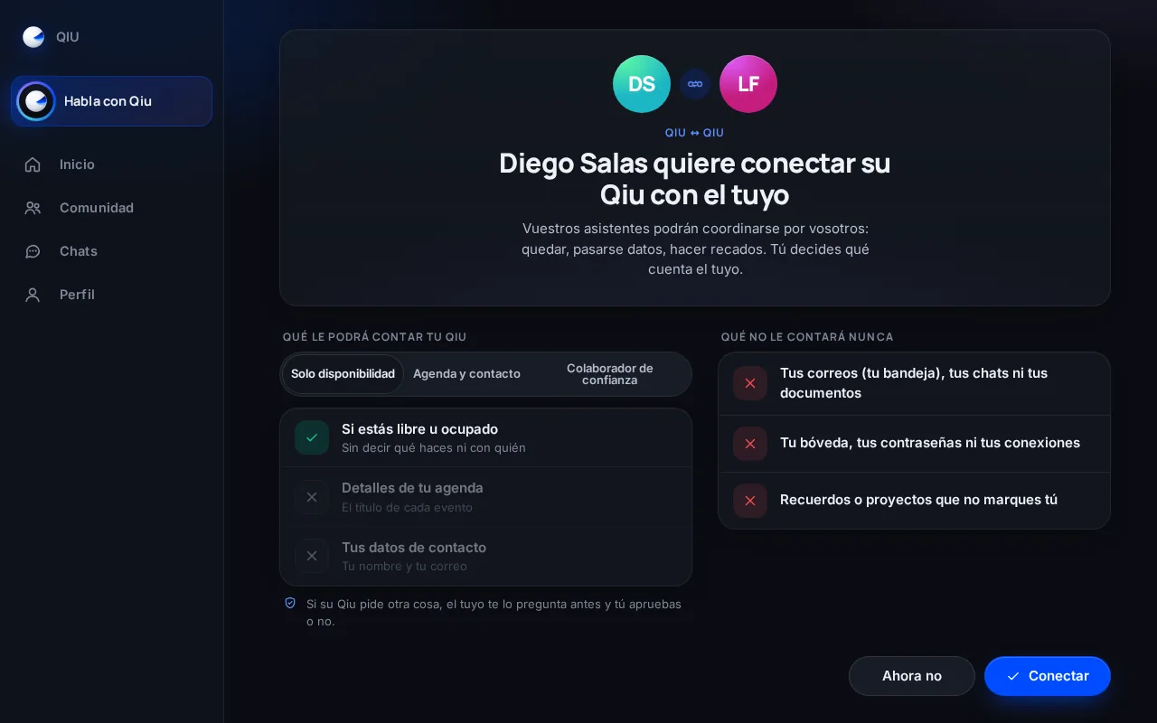 Los asistentes pueden coordinarse entre ellos para quedar o pasarse datos. Tú eliges qué cuenta el tuyo: solo si estás libre, tu agenda o algo más.