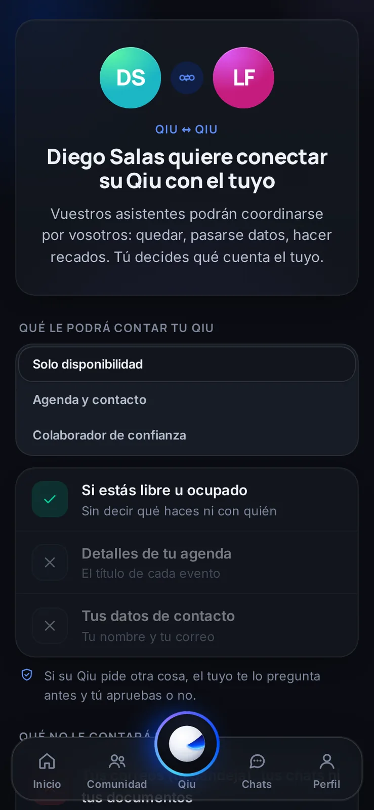 Los asistentes pueden coordinarse entre ellos para quedar o pasarse datos. Tú eliges qué cuenta el tuyo: solo si estás libre, tu agenda o algo más.