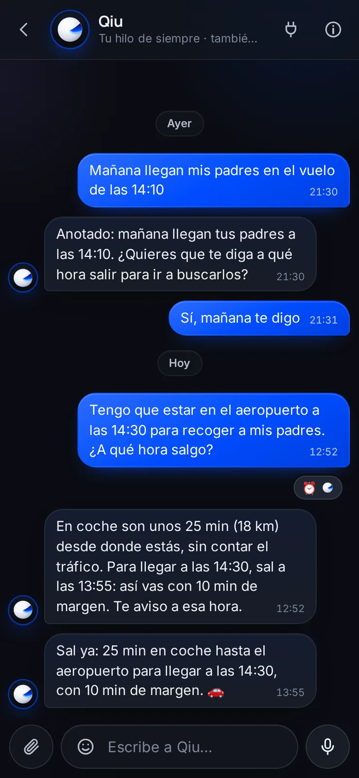 Dile a qué hora tienes que estar en un sitio y Qiu calcula cuánto tardas en coche, andando o en bici. A la hora buena te avisa: «Sal ya».