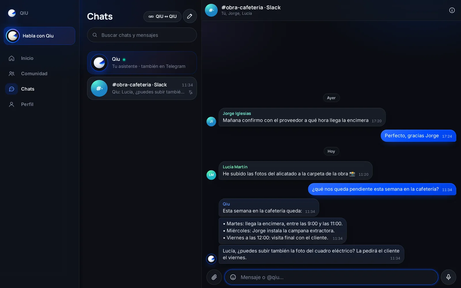Mencionad a Qiu en un canal y contesta en ese mismo hilo con lo que sabe del proyecto. En QIU ves la conversación del canal como un grupo más.