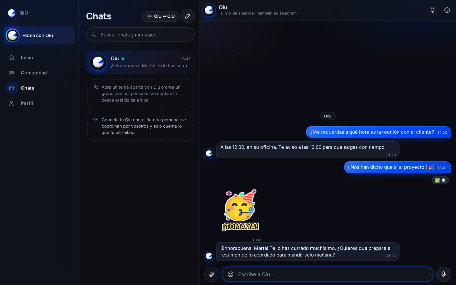 Si lo activas, Qiu celebra tus buenas noticias con uno de tus stickers, como haría un amigo. En temas serios, nunca.
