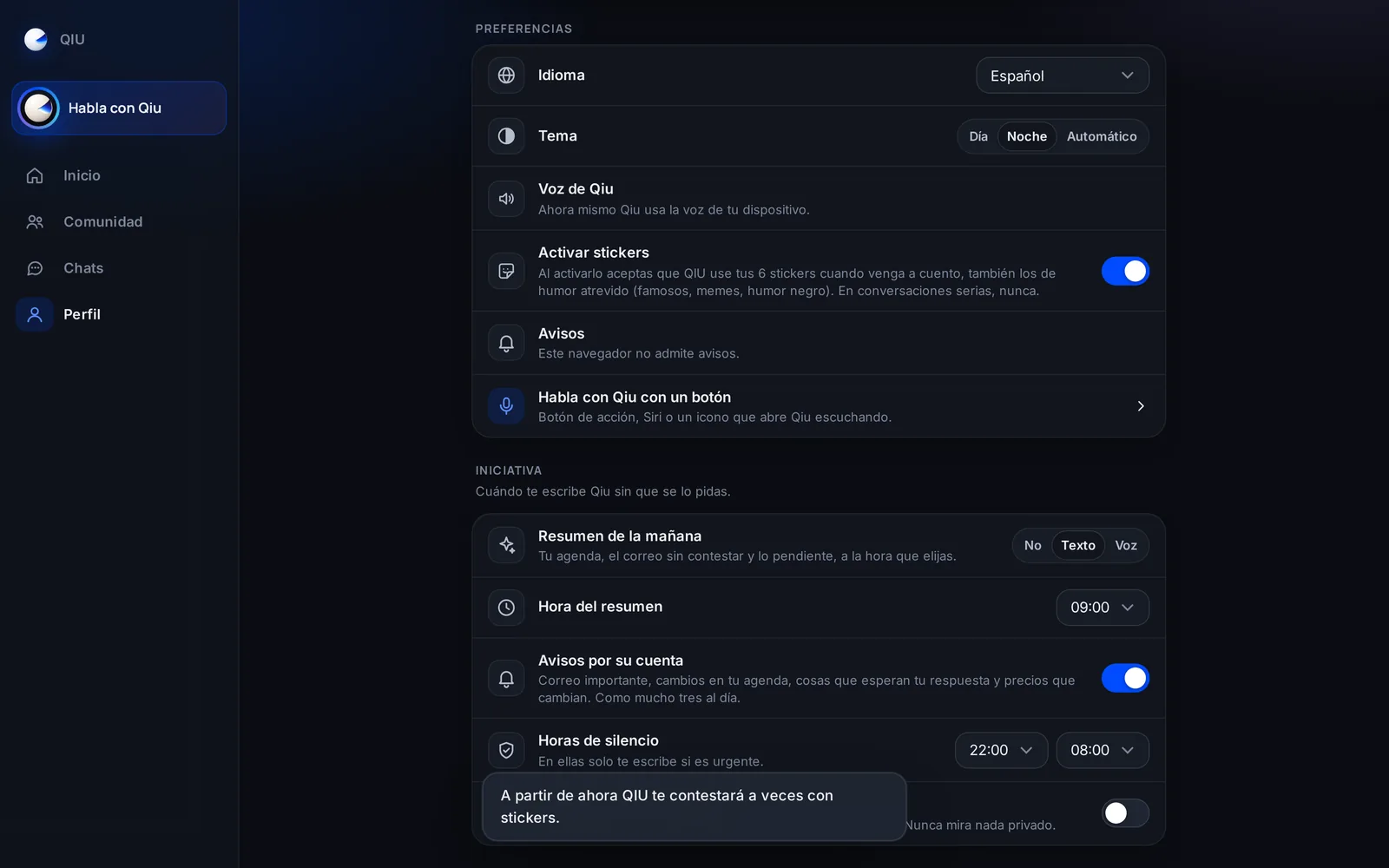 Se activan en tu perfil, y el aviso te explica qué aceptas antes de encenderlos. Los apagas cuando quieras.
