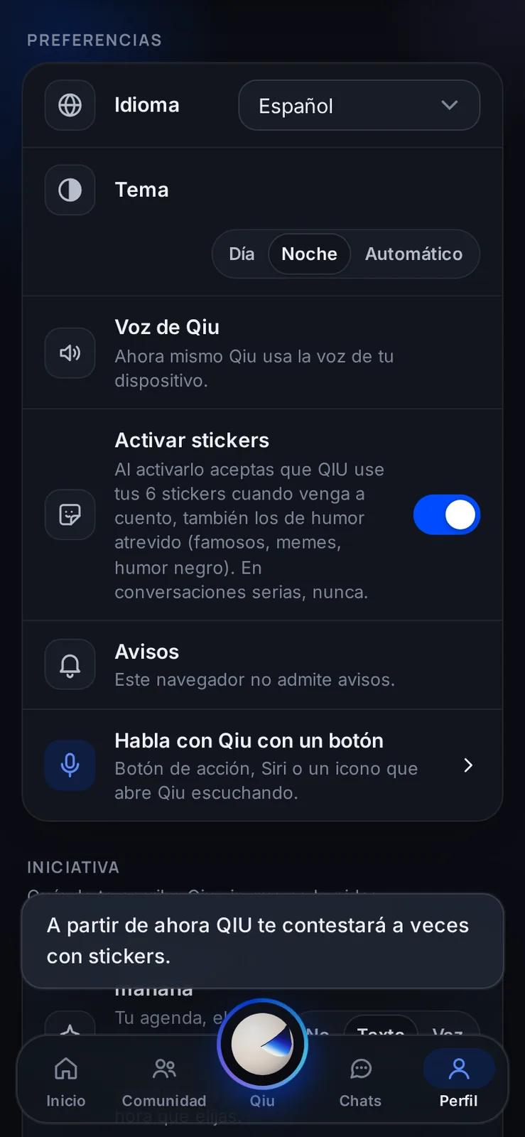 Se activan en tu perfil, y el aviso te explica qué aceptas antes de encenderlos. Los apagas cuando quieras.