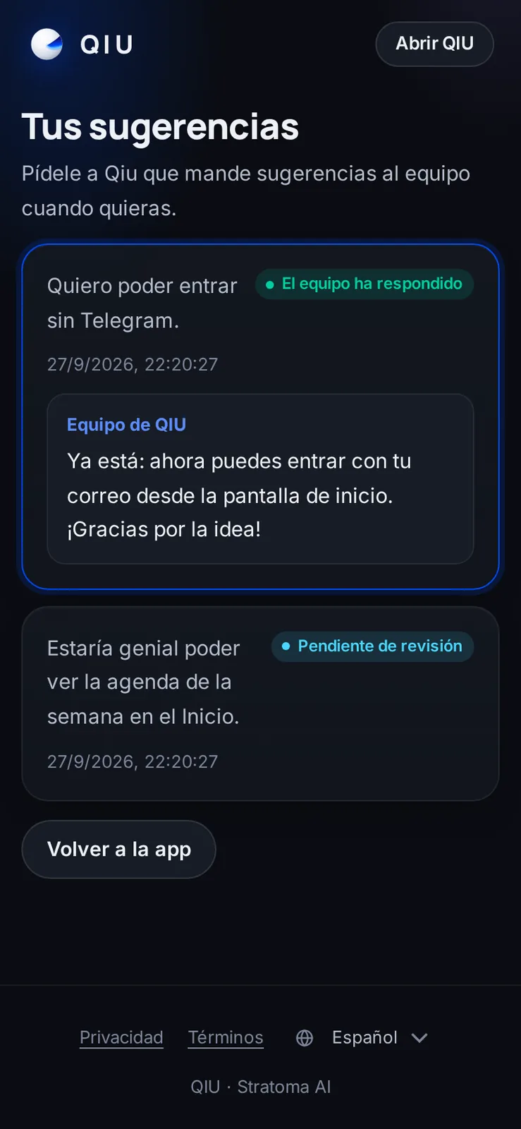 Le pides a Qiu que mande una idea al equipo y ves cuándo la han revisado y qué te responden.