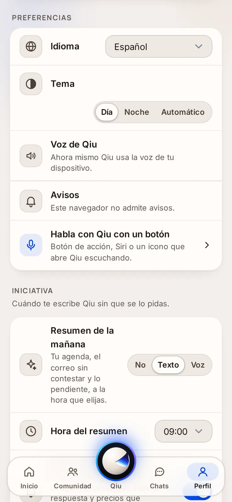 Elige Día, Noche o Automático. El tema se guarda en tu cuenta y te acompaña en todos tus dispositivos.