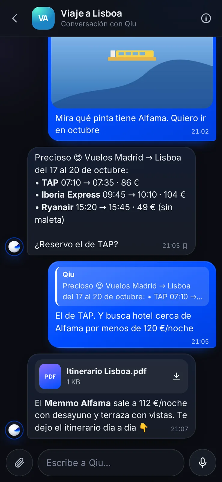 Le mandas una foto de Alfama y te compara vuelos, te busca hotel dentro de tu presupuesto y te deja el itinerario en PDF. Ejemplo ilustrativo: vuelos, hotel y precios inventados.
