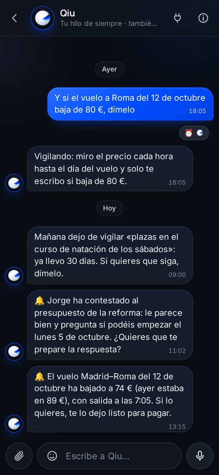 Qiu mira en silencio y solo te escribe cuando se cumple lo que le pediste: «Jorge ha contestado», «el vuelo ha bajado». Y el día antes de dejar una vigilancia de 30 días, te pregunta si sigue.